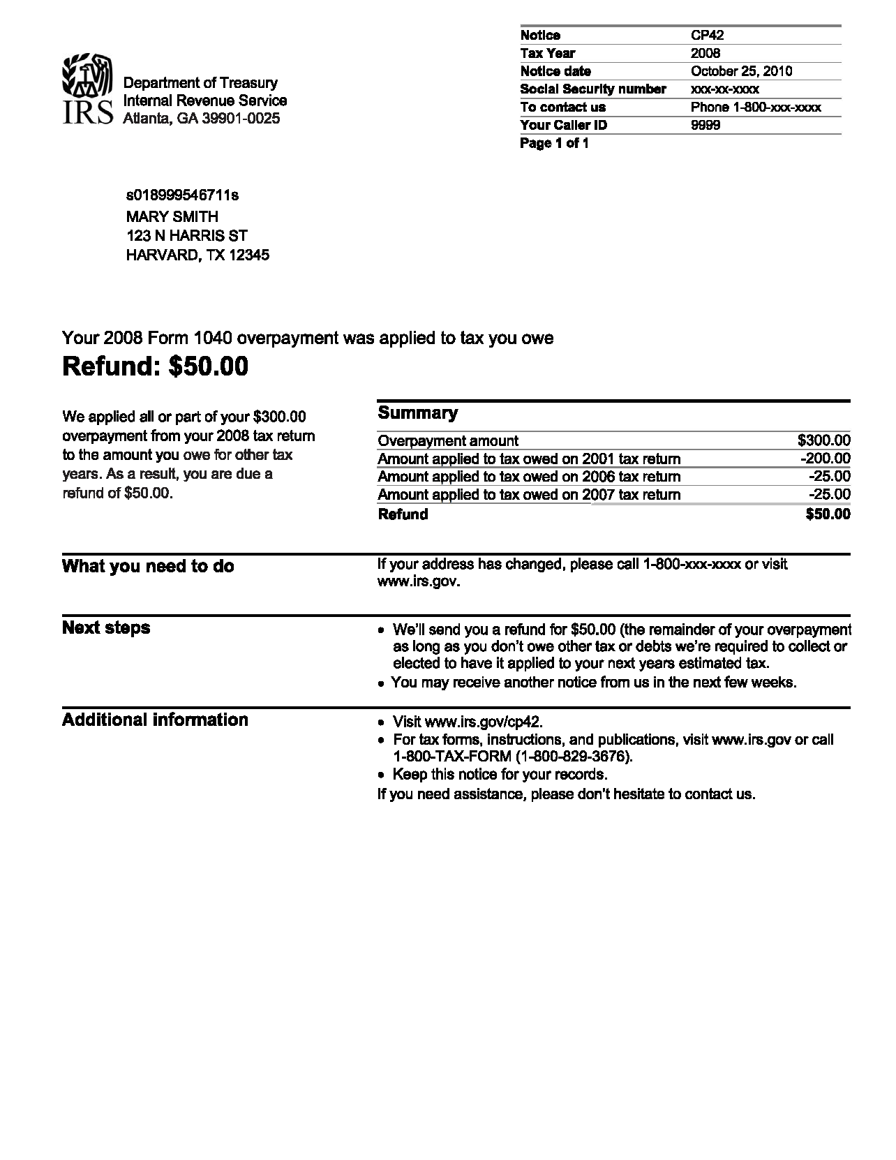 IRS Notice CP42  Form 1040 Overpayment  H&R Block