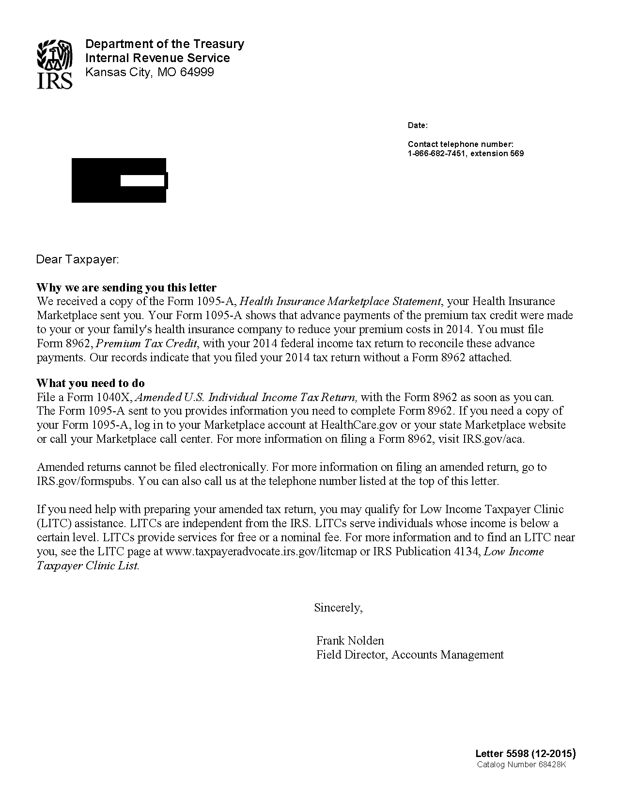 IRS Letter 5598 – Advanced Premium Tax Credit Recipients No Form 8962 ...