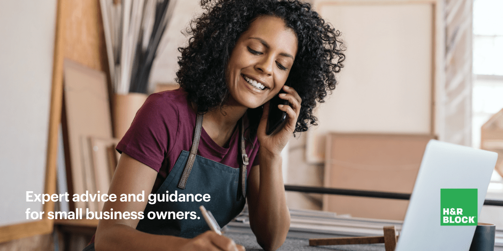 Small business owner having one-one-one phone consultation with an H&R Block small business expert