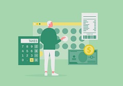 Ways coronavirus impacts taxes illustration with man and calculator.