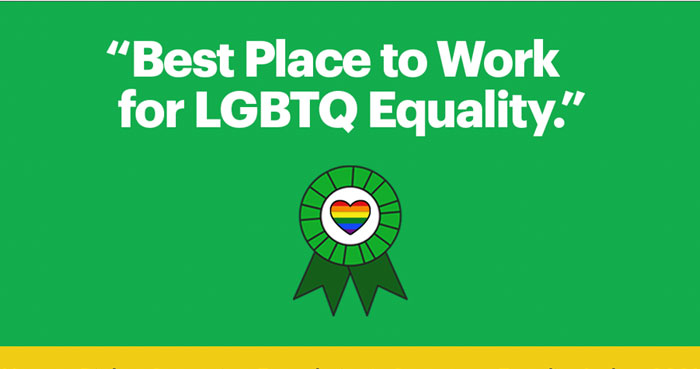 White text on a green background read "Best Place to Work for LGBTQ Equality." A green ribbon with rainbow heart sits below.